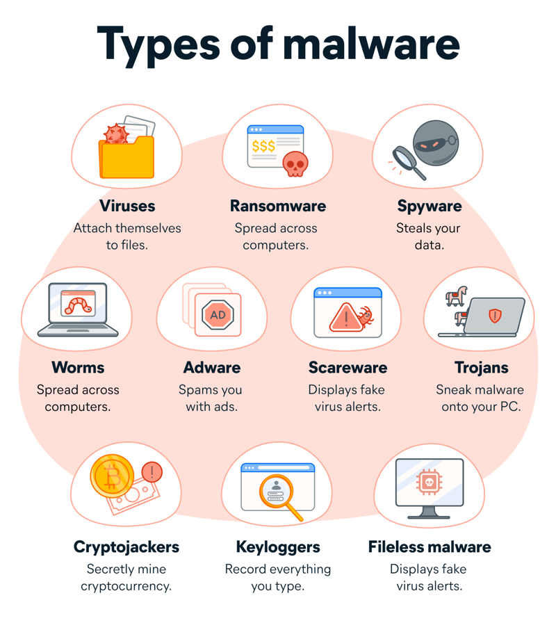 Common types of malware and how they impact devices and users.