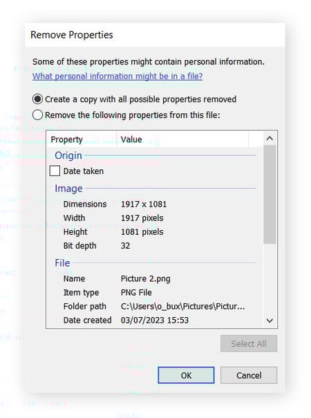 Deleting all image metadata by creating a new file copy with all possible properties removed.