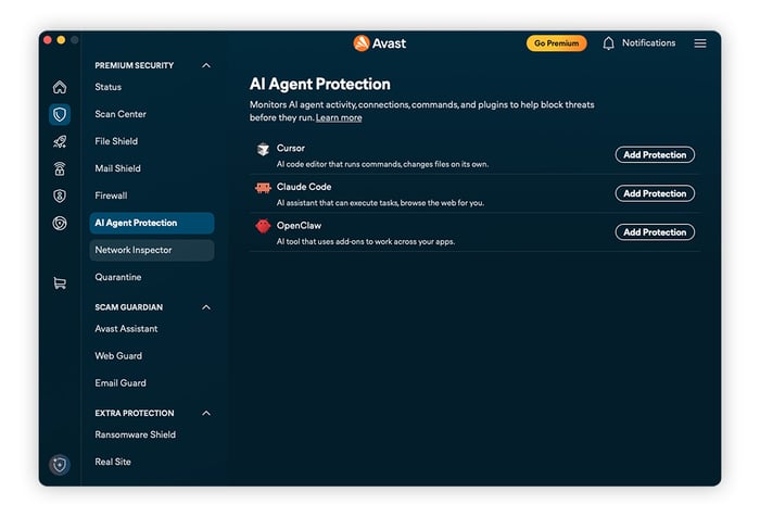 The AI Agent Protection feature in the Avast One PC app.