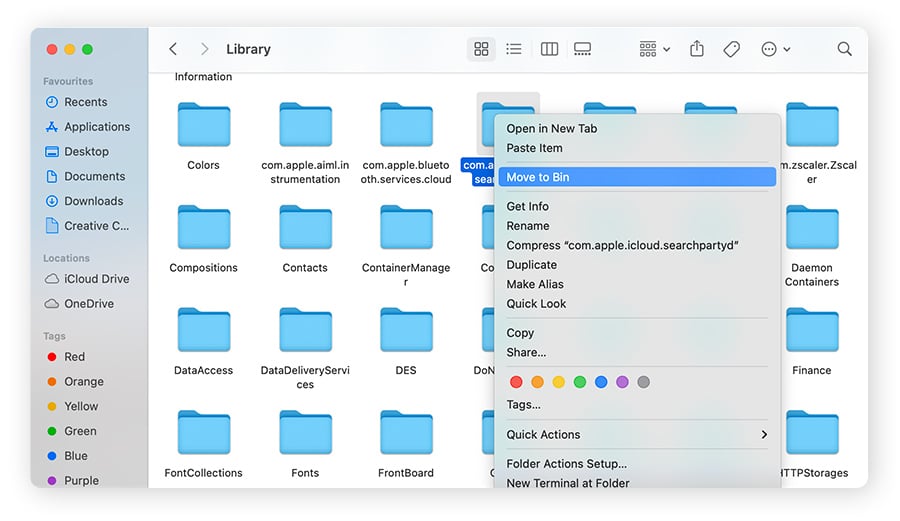 Mover una carpeta de la caché de la Biblioteca del Mac a la Papelera en macOS Sonoma.