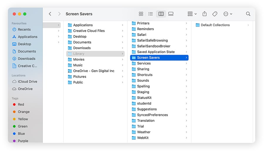 Seleccionar la carpeta de salvapantallas en macOS Sierra para encontrar y eliminar salvapantallas innecesarios.