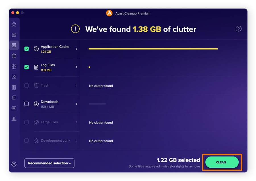 Análisis y eliminación de archivos innecesarios con Avast Cleanup para Mac.