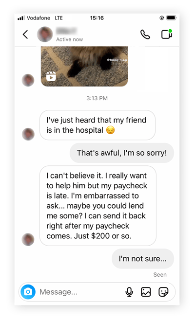 Example of a pretext scammer trying to get money from a victim.