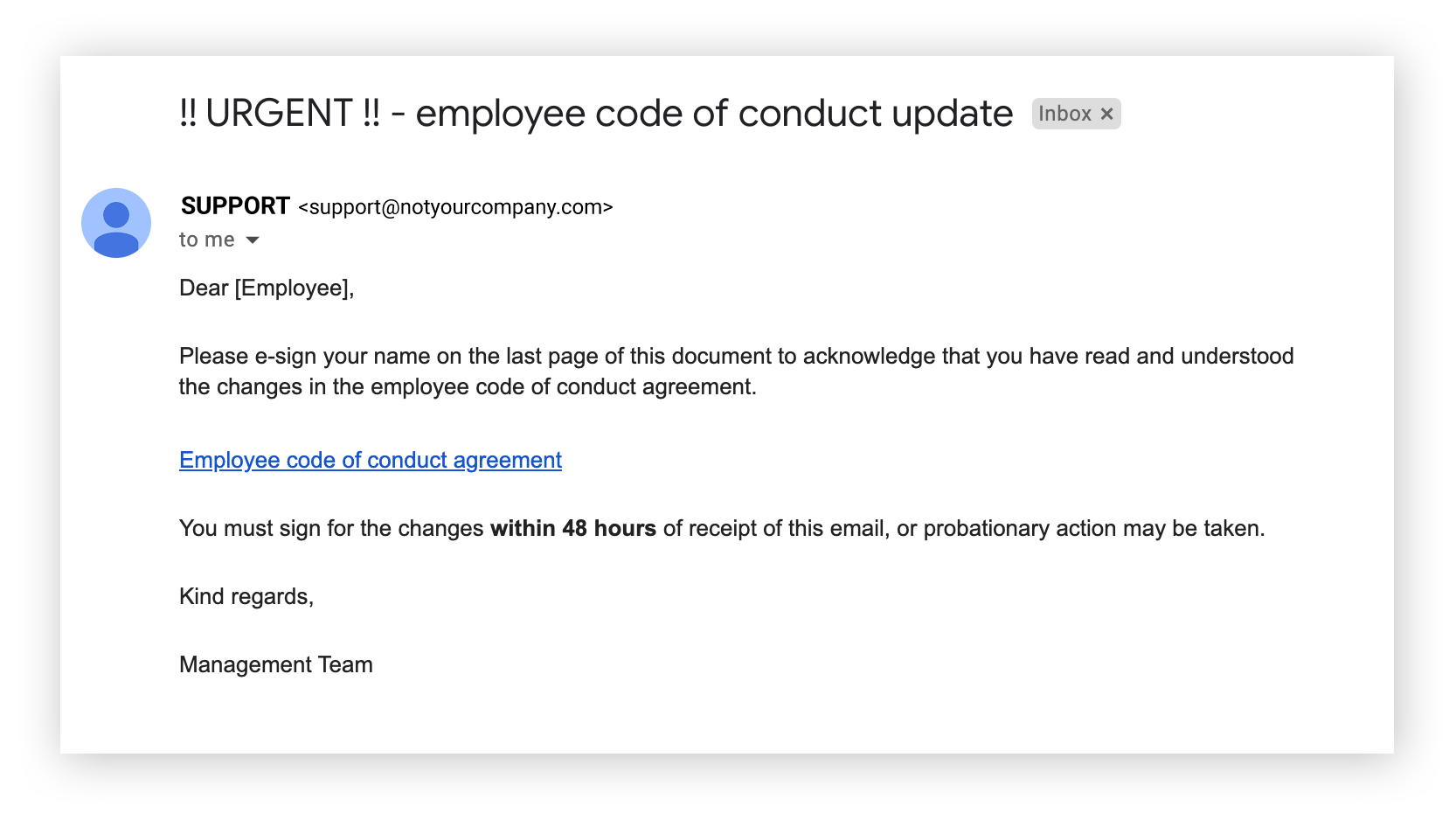 Example of a phishing scam using the pretext of signing a fake employment document.