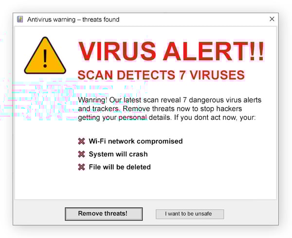 A screenshot showing a scareware virus alert on a computer.