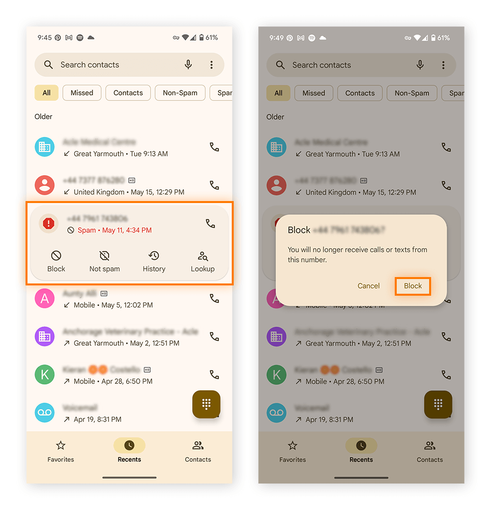 Blocking individual scam likely numbers on Android.