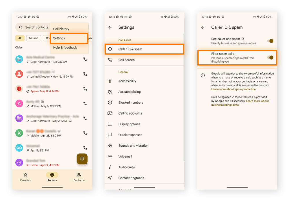 Android settings showing Caller ID and Spam settings with Filter spam calls highlighted.