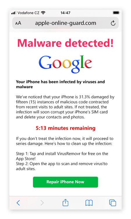 Notification scareware pour un outil de nettoyage conçue pour ressembler à une véritable alerte de virus publiée par Google.