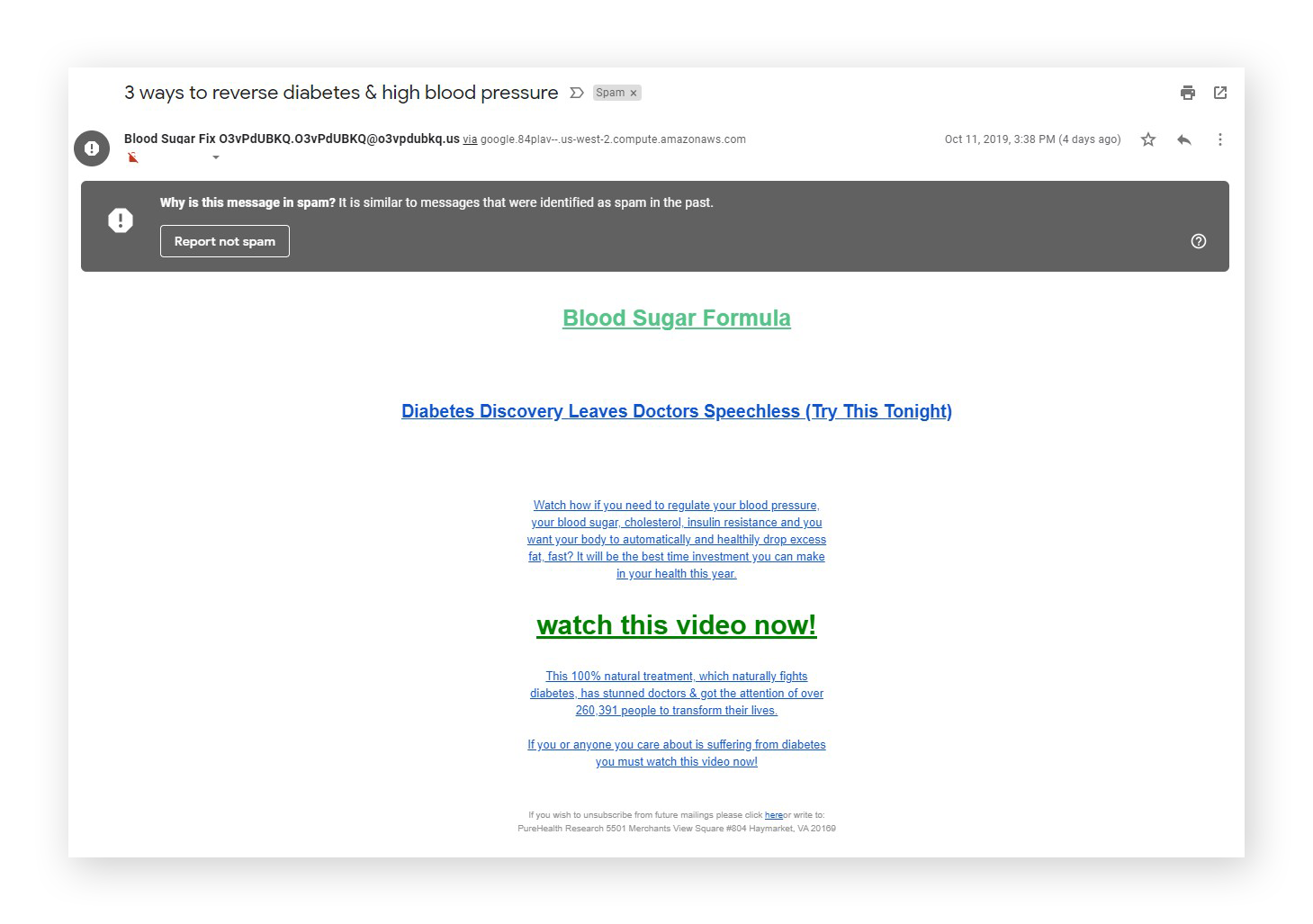 Eine Spam-E-Mail, die für eine unbewiesene Wundermedizin gegen Diabetes bewirbt.