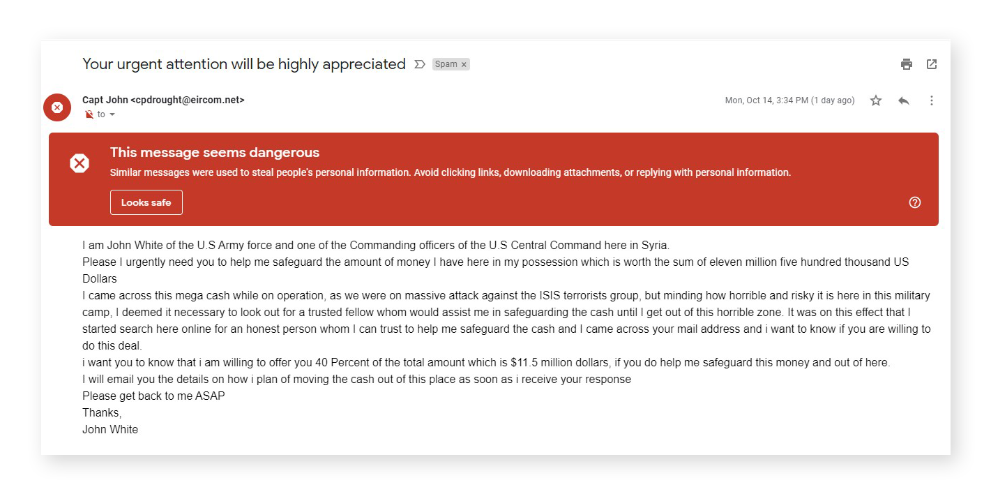 Beispiel für eine Phishing-E-Mail mit einer Vorausgebühr.