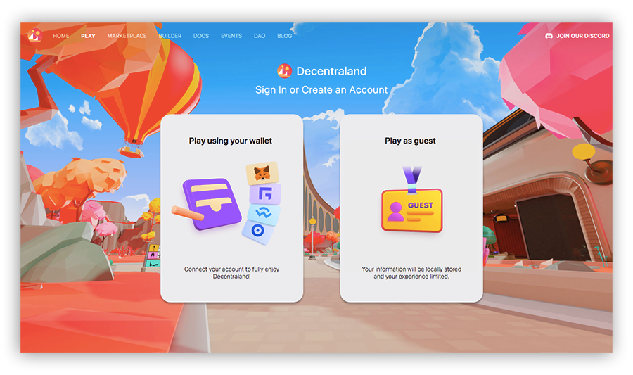 Les options du site web Decentraland.