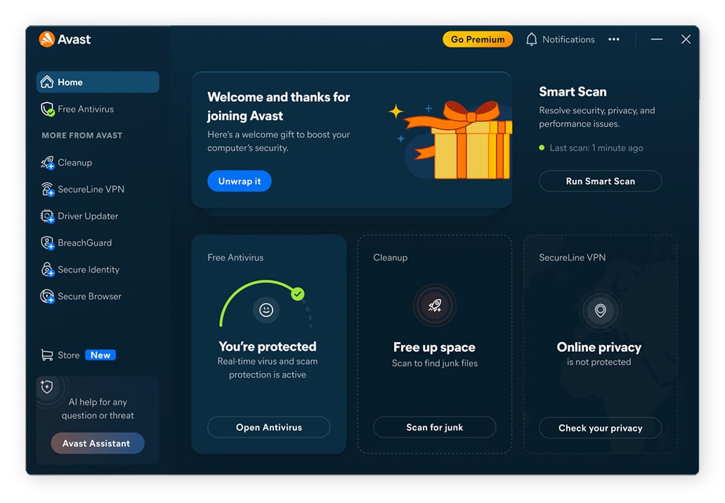 A screenshot of the main Avast One dashboard.