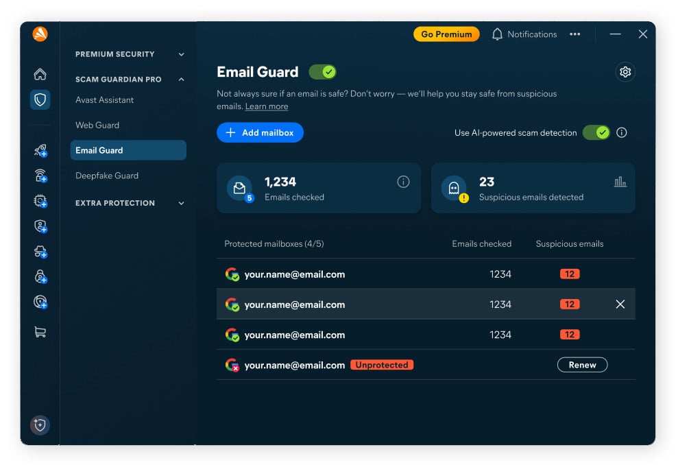 A screenshot of Email Guard in the new Avast One.