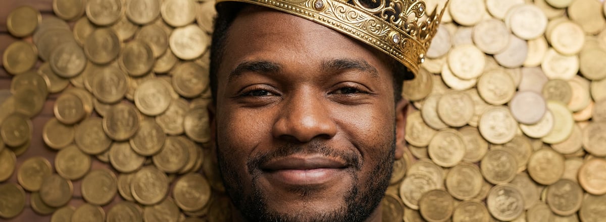 A Nigerian prince wearing a gold crown and surrounded by coins.