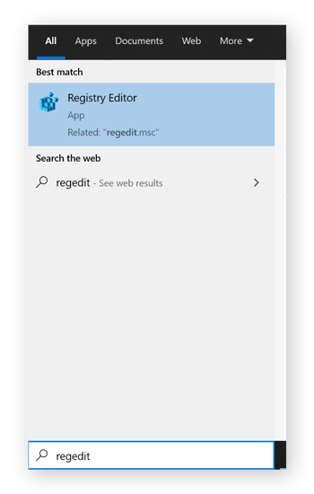Se ha escrito regedit en la barra de tareas y se muestra el icono Editor del registro.