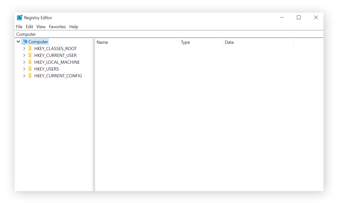Vista predeterminada del editor del registro. Las colmenas como HKEY_LOCAL_MACHINE y HKEY_CURRENT_CONFIG se muestran como carpetas.