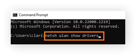 Écran d’invite de commande dans lequel « netsh wlan show drivers » a été saisi