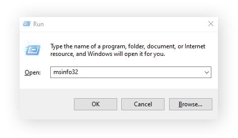 Abrindo as informações do sistema usando a caixa Executar do Windows para obter informações sobre a placa-mãe.