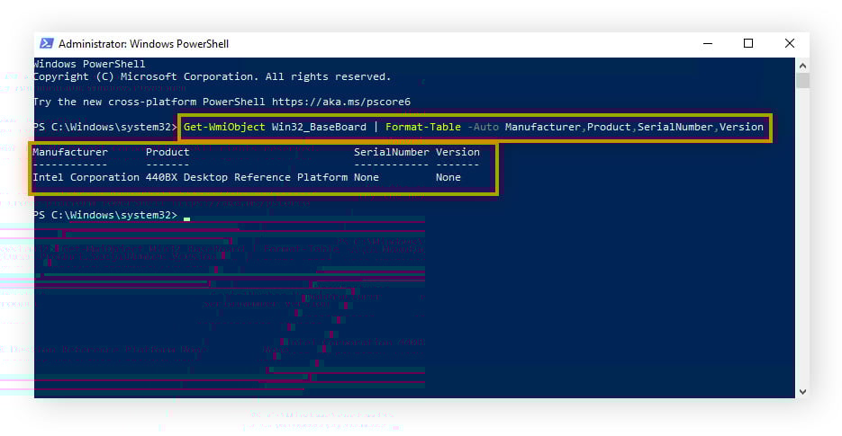 Captura de tela de como localizar informações da placa-mãe usando o Powershell do Windows.