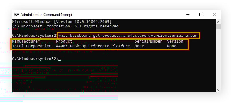 Screenshot of how to locate motherboard information using Command Prompt.