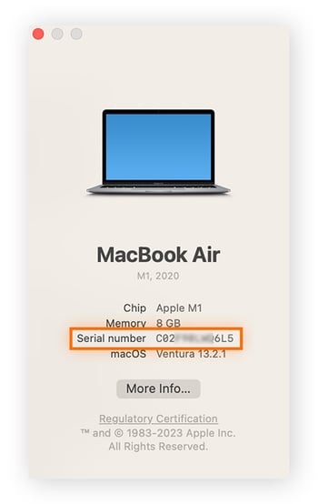 Screenshot of how to locate your Mac serial number.