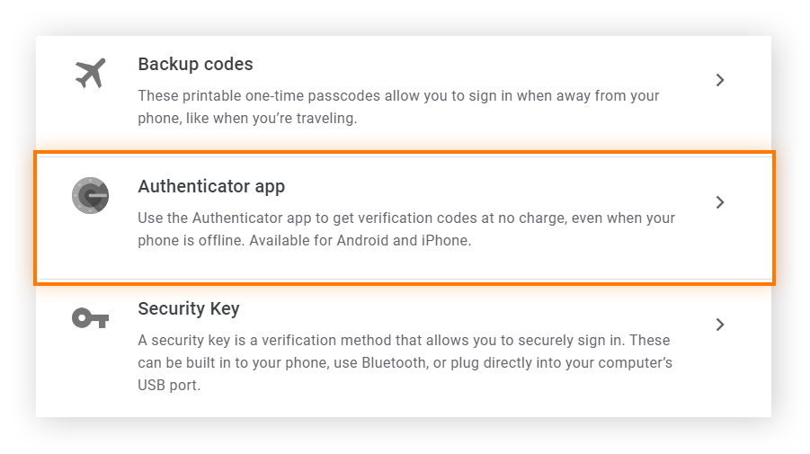 opciones de verificación en la sección de verificación en dos pasos de una cuenta de Google