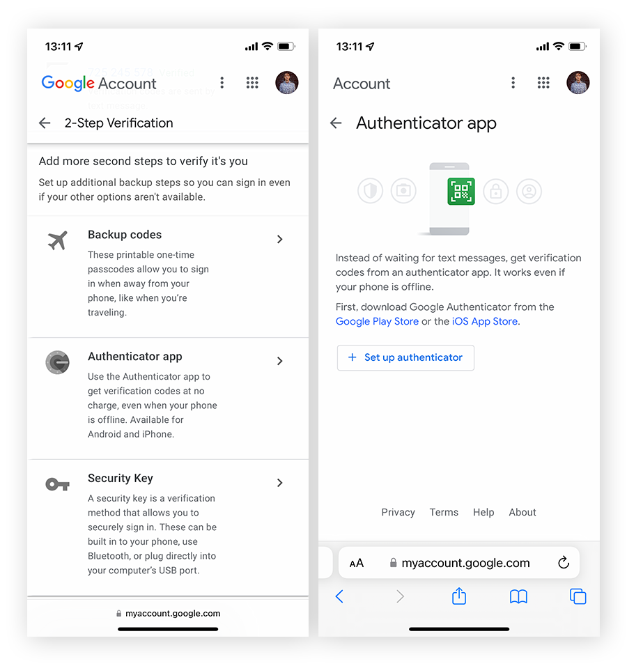 Configuración de 2FA para una cuenta de Google con Google Authenticator en iOS.