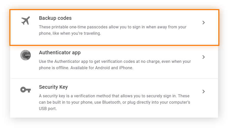 Opciones de seguridad en dos pasos en la sección de Verificación en dos pasos de una cuenta de Google