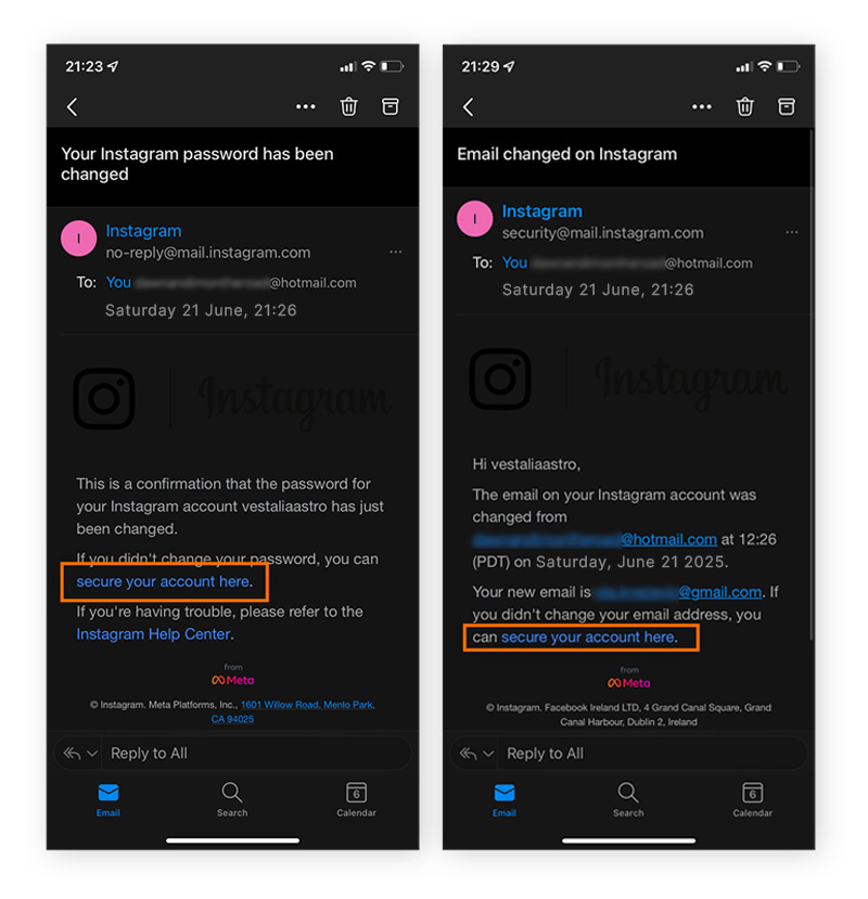 Email notifications of changes to someone's Instagram account details.
