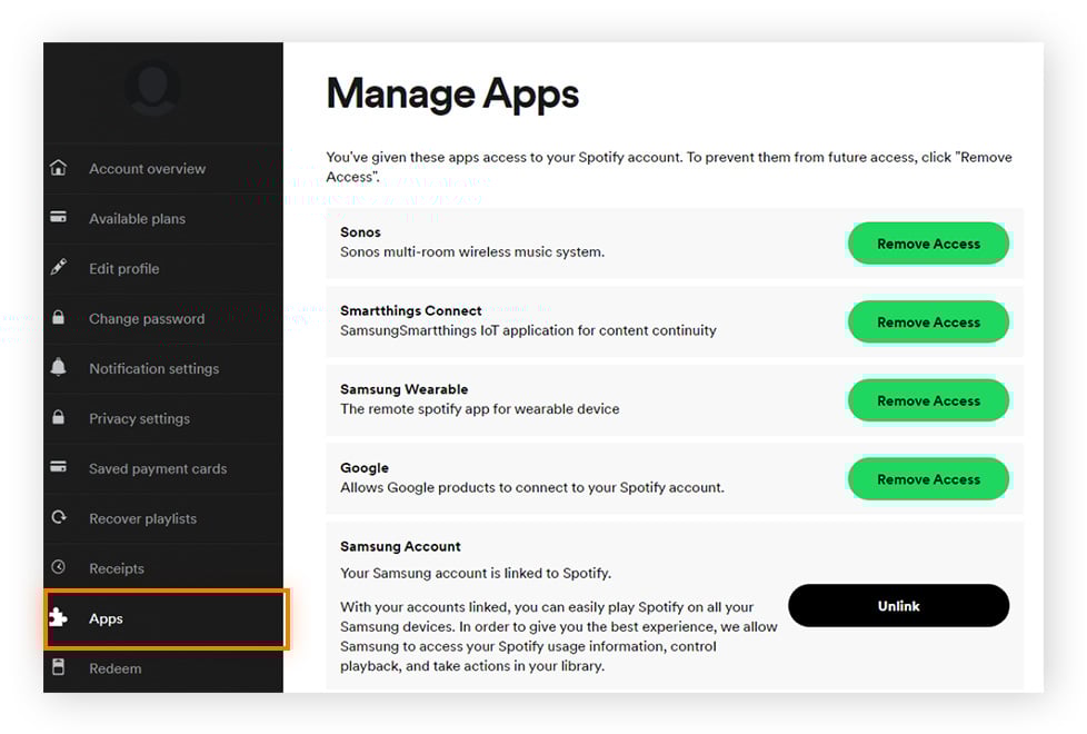 So entfernen Sie den Zugriff von Drittanbieter-Apps über die Kontoeinstellungen von Spotify.
