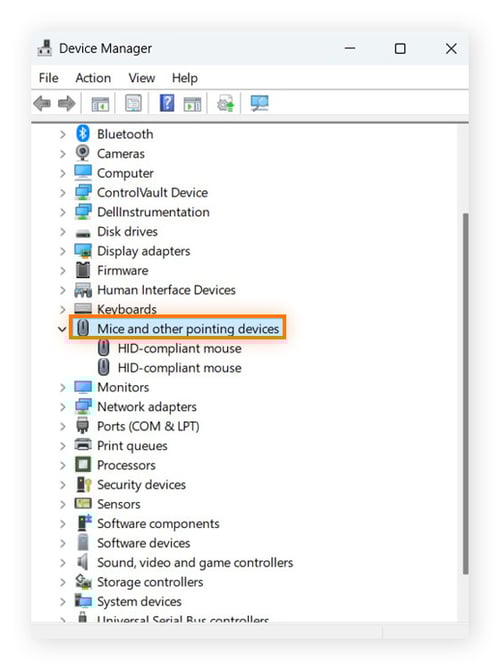 The Device Manager window with the "Mice and other pointing devices" option expanded.