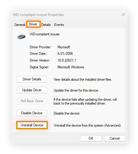 Within the Mouse Properties window, the "Uninstall Device" option is highlighted.