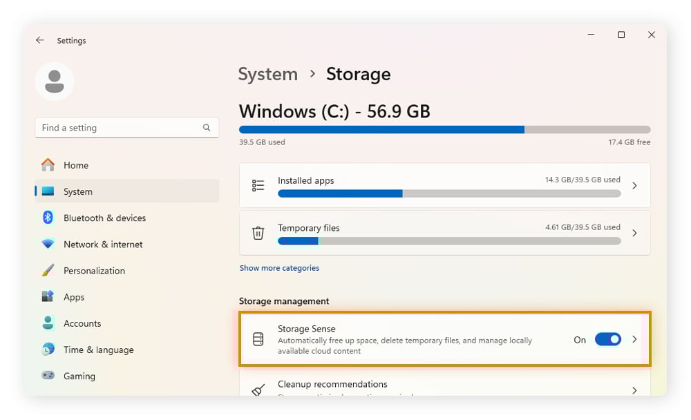 Storage Sense is highlighted under Storage management.
