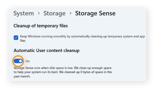 Within the Storage Sense window, the switch for "Automatic User content cleanup" is toggled on.