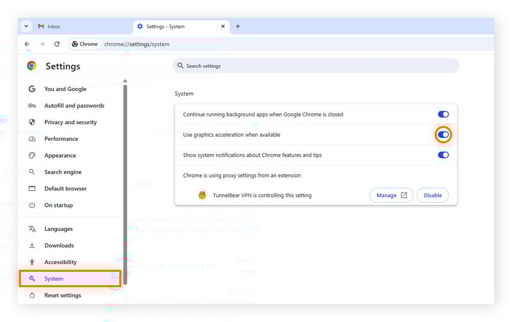 Within the Google Chrome System menu, "Use graphics acceleration when available" is highlighted.