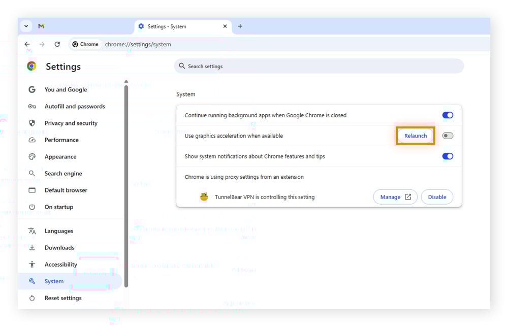 The "Use graphics acceleration when available" toggle has been switched off and the Relaunch button is highlighted.