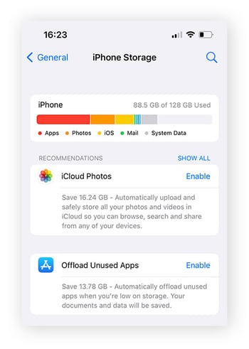 Der Bildschirm „iPhone-Speicher“