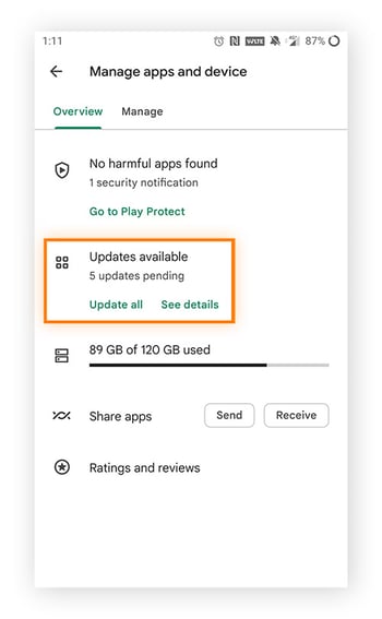  Verfügbare App-Updates sind unter „Apps und Gerät verwalten“ abrufbar