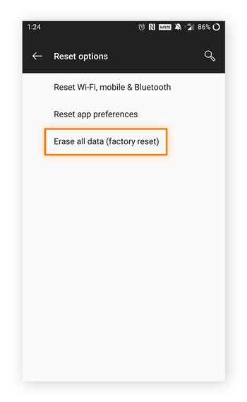 Zum Löschen aller Daten auf „Alle Daten löschen (Werksreset)“ tippen