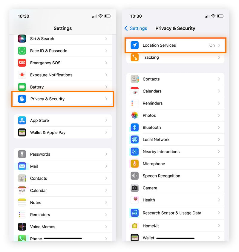 Öffnen der Standorteinstellungen unter iOS.