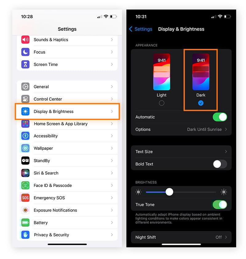 Wechsel der iOS-Anzeige in den Dunkelmodus, um den Akku zu schonen.