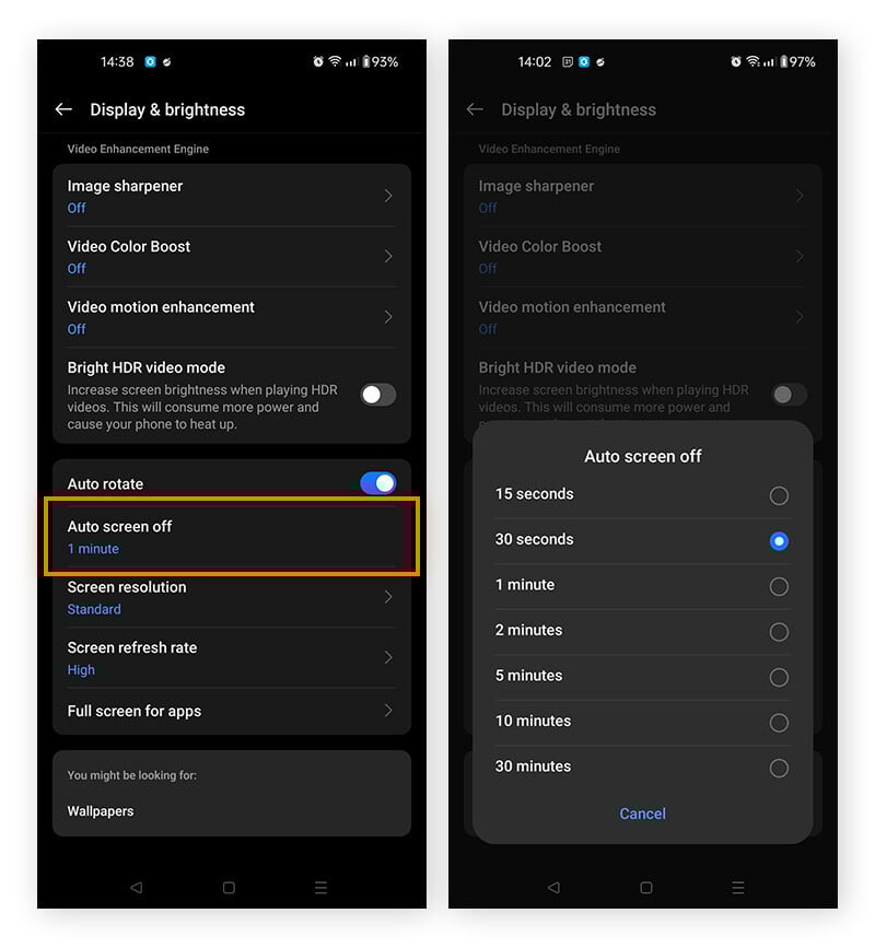 Verwalten der Einstellungen für Bildschirm-Timeout unter Android.