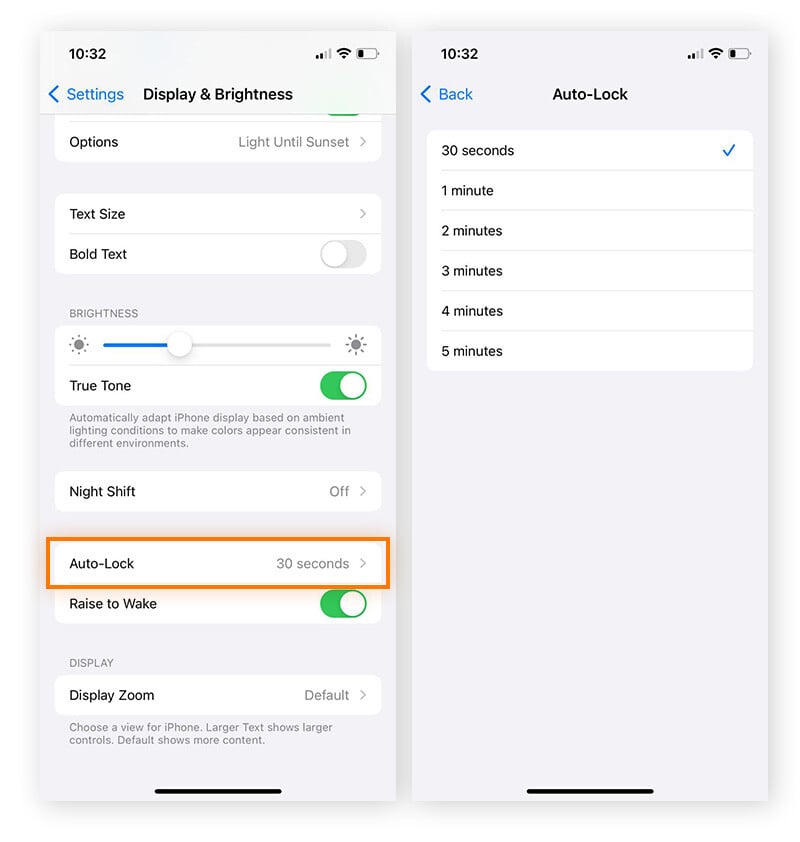 Anpassen der Einstellungen für Bildschirm-Timeout unter iOS.