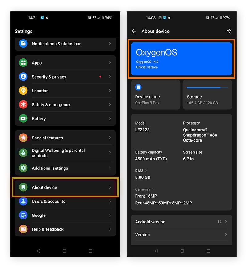 Suchen nach System-Updates auf einem Android OnePlus 9 Pro.