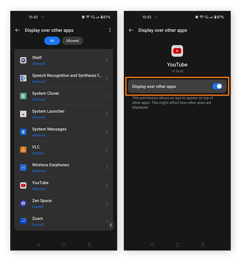 Deaktivieren von Bild-im-Bild unter Android.