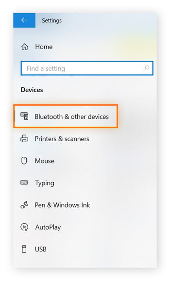 Windows-Einstellungen mit hervorgehobener Option "Bluetooth und andere Geräte"
