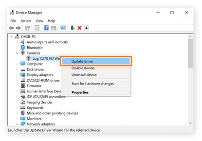 Le gestionnaire de périphériques de Windows affiche une option de mise à jour du pilote