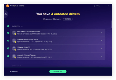 Avast Driver Updater affiche une liste de pilotes obsolètes