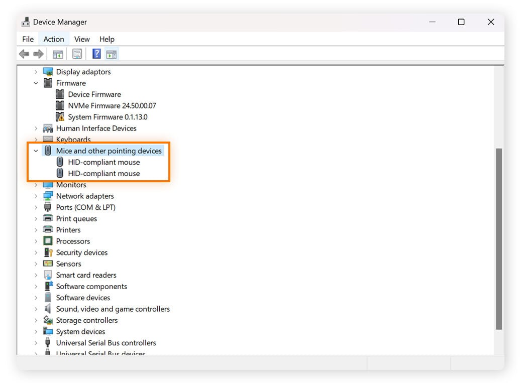 Geräte-Manager mit eingeblendeter Option "Mäuse und andere Zeigegeräte"