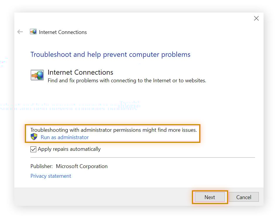 A view of the Windows network troubleshooter. You can click "next" to let it get to work.
